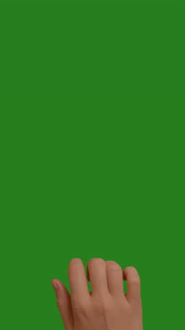 Vertical Screen: Woman clicking her finger in various places on a green screen. Hand touching, tapping on chroma key green screen background. Interface concept. Single click and tap with finger.