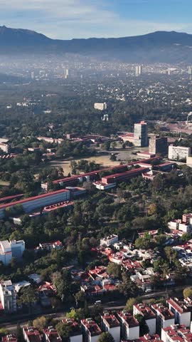 Vertical drone shots of the university campus in southern CDMX
