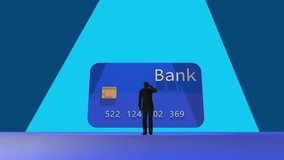 Businessman looking at a giant, floating credit card in a surreal blue and purple abstract background: banking and finance concept - Powered by Shutterstock - Get 15% off with code: PIKWIZARD15