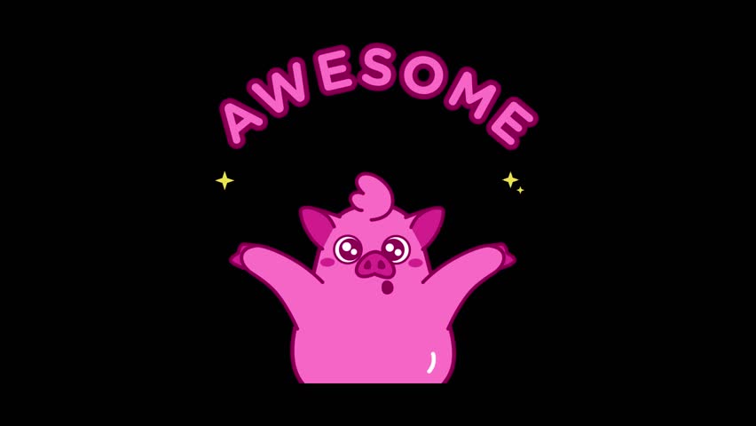 Animated looping video of illustration cute animal pig character with "Awesome" gesture isolated on transparent background.