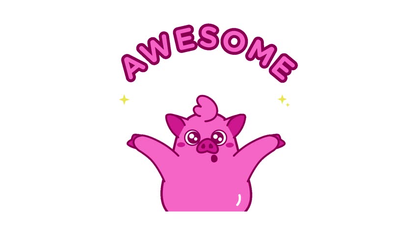 Animated looping video of illustration cute animal pig character with "Awesome" gesture isolated on transparent background.