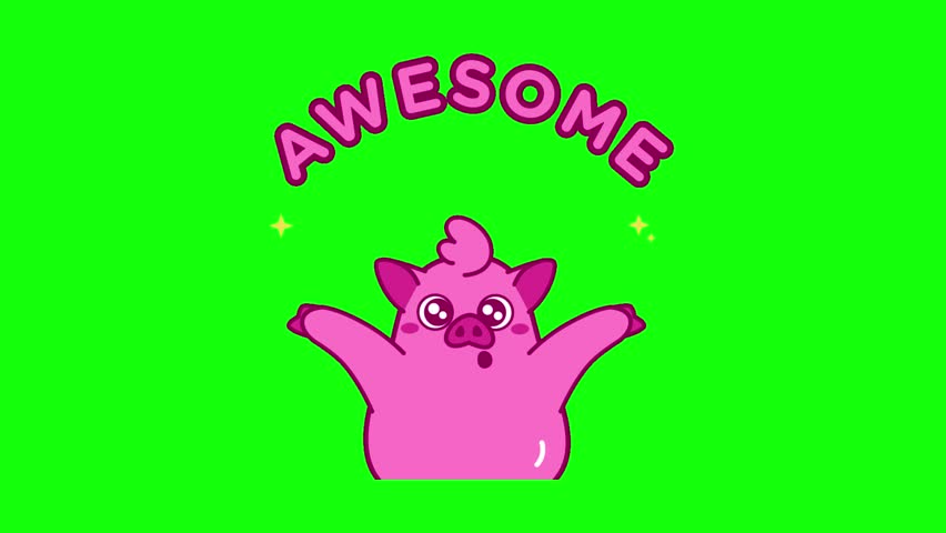 Animated looping video of illustration cute animal pig character with "Awesome" gesture isolated on transparent background.