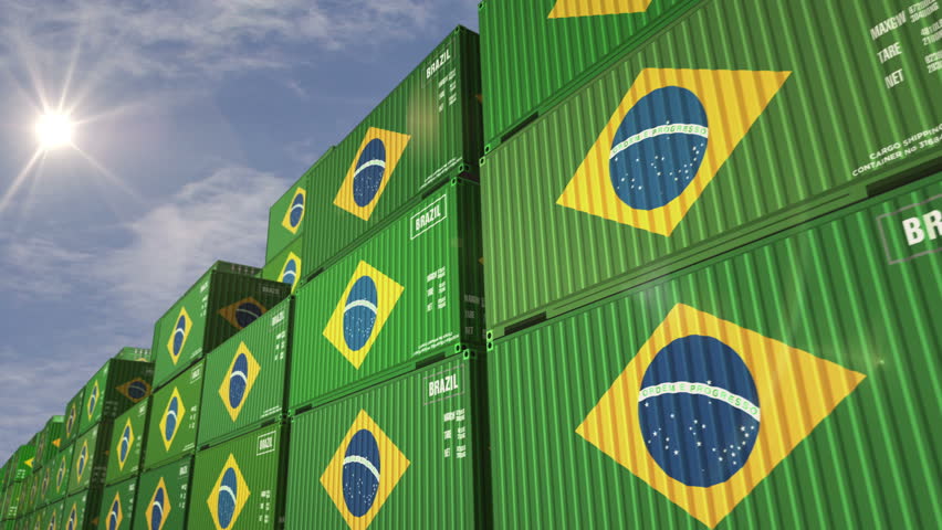 Brazil export production and import cargo containers in row seamless and looping concept. Brazilian flag industrial shipping box 3d loop.