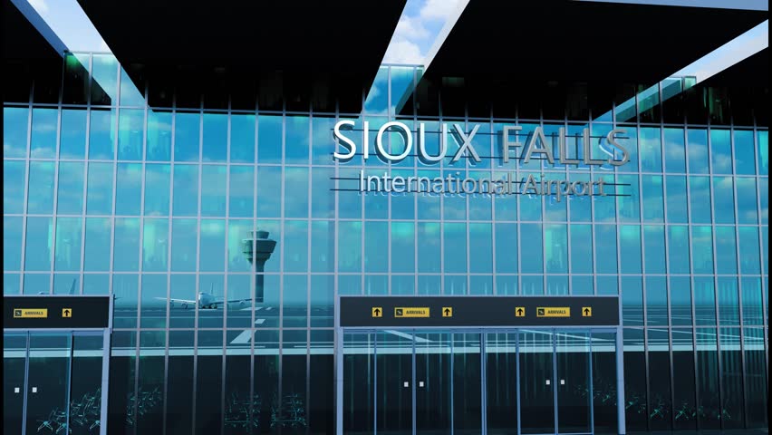 Airlane landing at Sioux Falls, USA. Arrival in the city with reflection of airport and aircraft