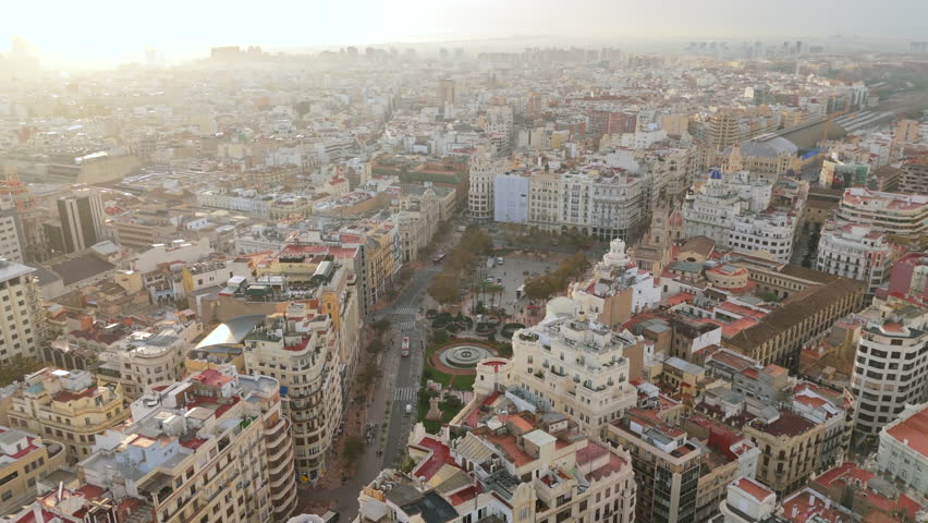 Aerial drone views of Valencia highlight its historic district, City Center, City hall of Valencia Generalitat, rich in history and cultural significance in morning light. Catalonia, Spain. Europe, EU