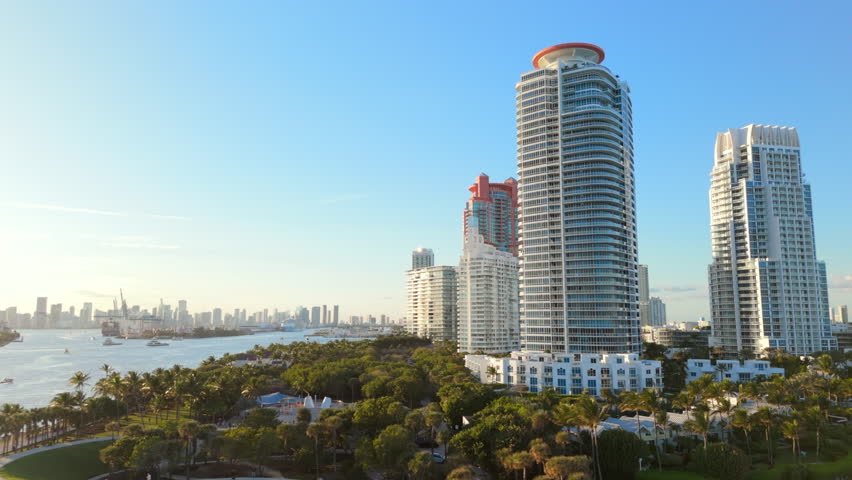 Aerial view reveals the dynamic allure of Miami Beach and South Beach, Stunning Miami skyline and vibrant coastline, marking it as an ultimate luxury travel destination in Florida, USA