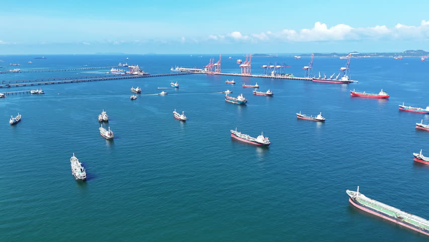 A lot of Oil Crude Gas Tanker Ship, Cargo container Ship offshore mooring at Ocean Bay Petroleum Chemical export import transportation and logistics