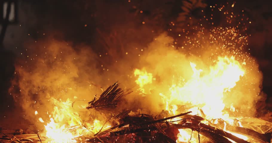 Slow motion footage of palm leaves burning in a vibrant fire at night. The dramatic flames and rising smoke create a mesmerizing and intense display of heat and energy. 
