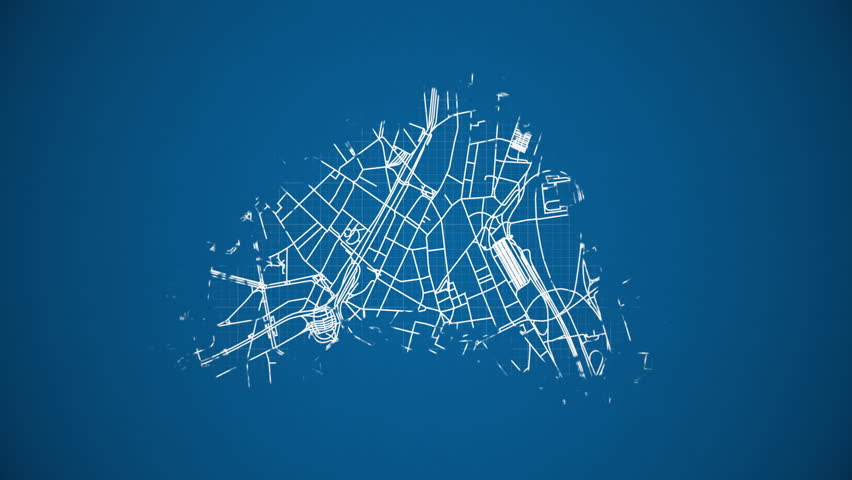 Ink reveal animation of São Paulo city, Brazil, grid map. Aerial top view. Blueprint style. White lines with blue background. 4K Seamless loop.