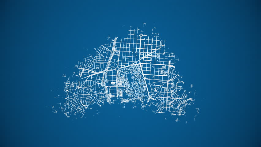 Ink reveal animation of Madrid city, Spain, grid map. Aerial top view. Blueprint style. White lines with blue background. 4K Seamless loop.