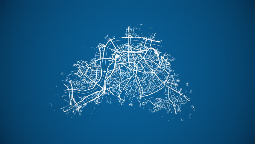 Ink reveal animation of London city, England, United Kingdom, grid map. Aerial top view. Blueprint style. White lines with blue background. 4K Seamless loop.