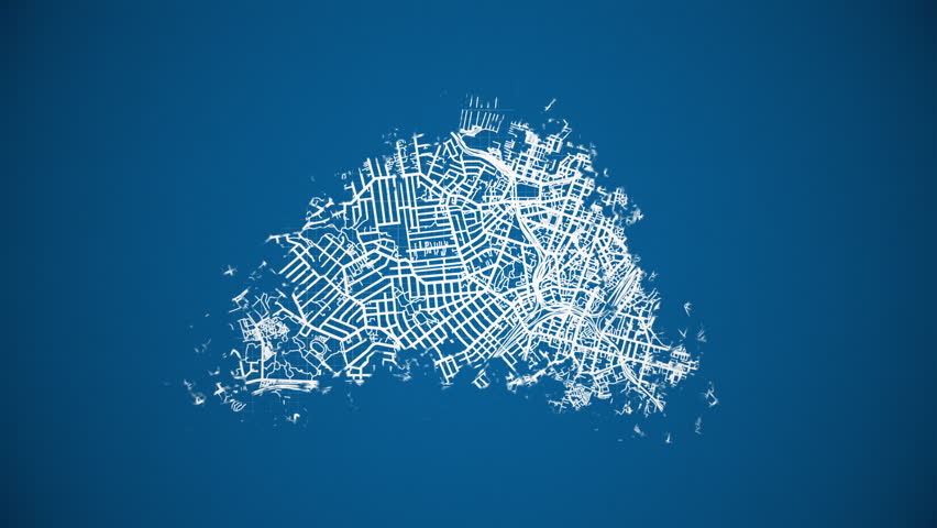 Ink reveal animation of Auckland city, North Island, New Zealand, grid map. Aerial top view. Blueprint style. White lines with blue background. 4K Seamless loop.