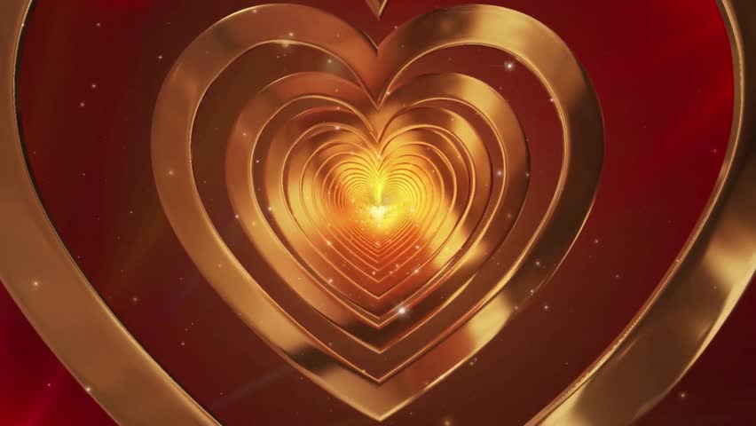 Golden heart tunnel with red background and light sparkles.