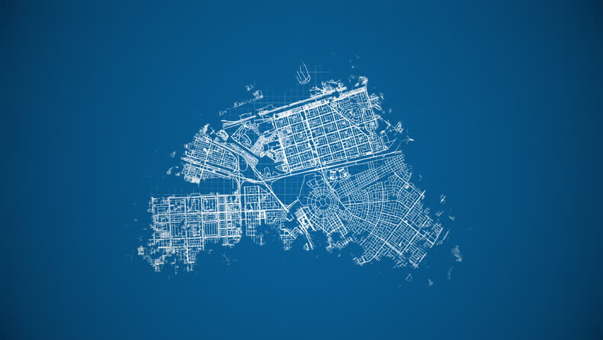 Ink reveal animation of Abu Dhabi, capital city of the United Arab Emirates, grid map. Aerial top view. Blueprint style. White lines with blue background. 4K Seamless loop.