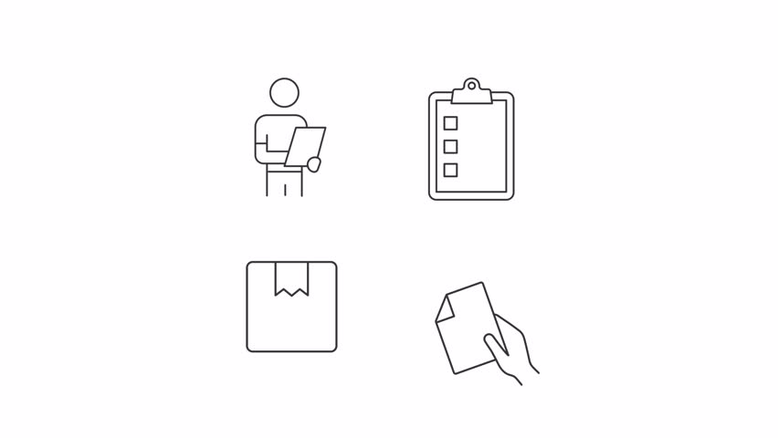 Delivery control animation set. Compliance animated line icons. Paperwork approve. Package documentation. Black illustrations on white background. HD video with alpha channel. Motion graphic