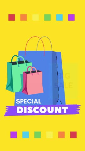 vertical special discount big sale video, fashion shopping bag, promotion icon symbol, animated motion graphics vector background, illustrations banner for online digital media social content