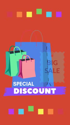 vertical special discount big sale video, fashion shopping bag, promotion icon symbol, animated motion graphics vector background, illustrations banner for online digital media social content