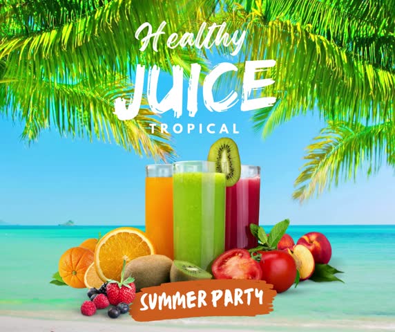 "Wide-angle display of refreshing tropical juices with colorful fresh fruits on a beach backdrop. Perfect for summer promotions, healthy lifestyle ads, and beverage marketing on social media platforms