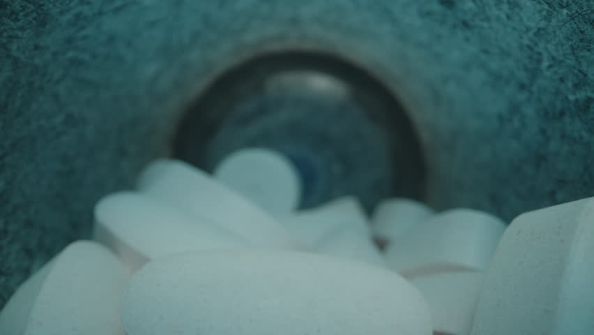 Closeup View Inside a Blue Supplement Bottle Filled with White Oval Tablets, Illuminated with a Soft Glow Dolly slider, close up.