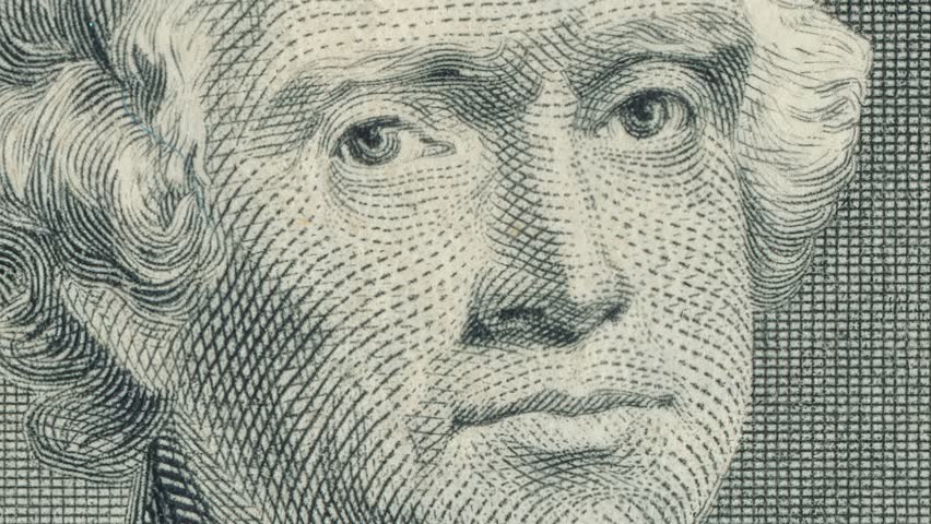 Detailed engraved portrait of Thomas Jefferson on US $2 bill, featuring close-up and full banknote view. Series 2009 Federal Reserve Note showcasing the third US President and intricate design element