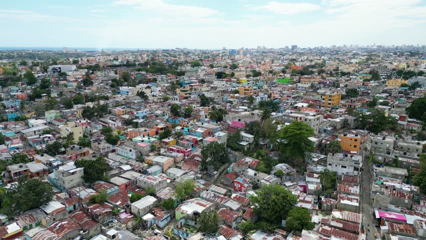 Colorful houses in a crowded neighborhood in the Gualey area, Santo Domingo, Dominican Republic.