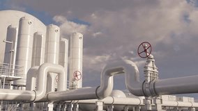 Industrial facility. Pipelines with valves, storage tanks, and transformer substations against the sky. Time lapse. 3D rendering - Powered by Shutterstock - Get 15% off with code: PIKWIZARD15