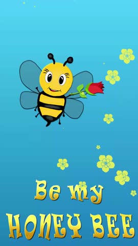 Be my HONEY BEE! Funny and sweet e card with cartoon bee holding red rose flying around blue sky, golden text, raining lil golden flowers very sweet and eye catching Valentine's Card! say it with love