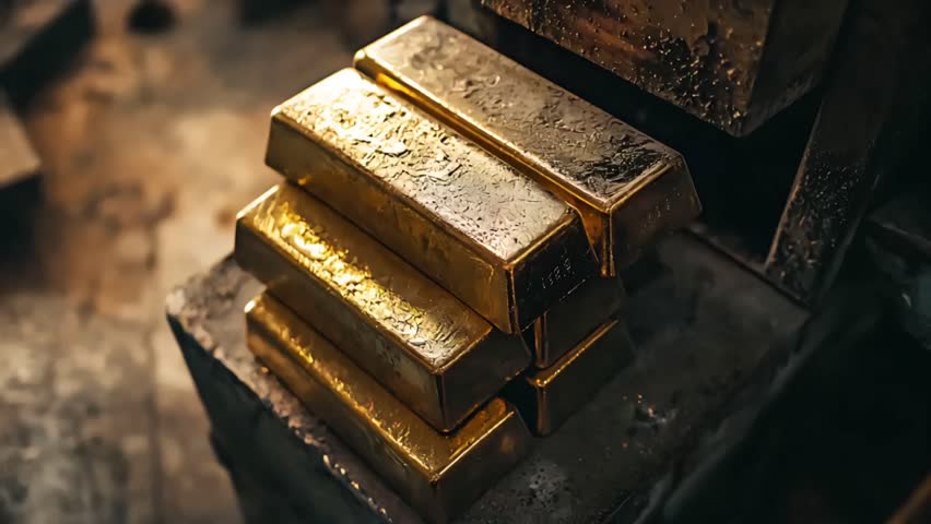 Close-up view of several gold ingots stacked on a dark, rustic surface