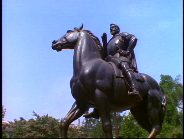 CHILE, 1998, Santiago, Chile, Statue of Pedro Valdivia on horse, low, upshot