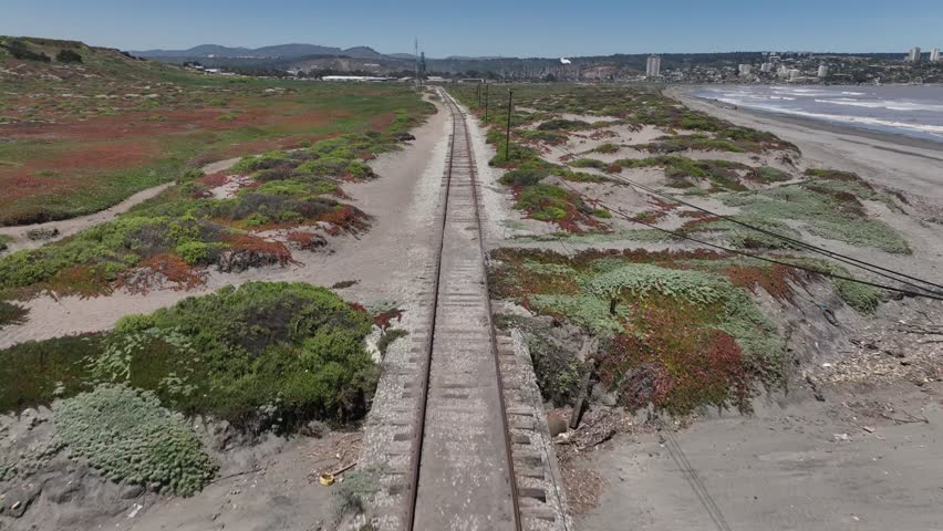 train tracks on ritoque beach, on the beach