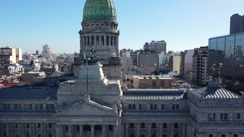 Palace of the Argentine National Congress in Buenos Aires, slow rising pedestal revealing green bronze plated dome