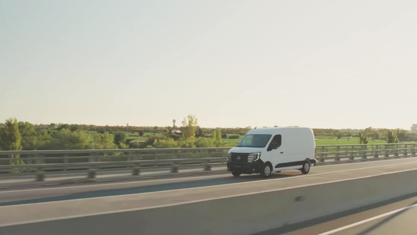 Delivery van in the city. Express delivery, shipping and logistics concept.
