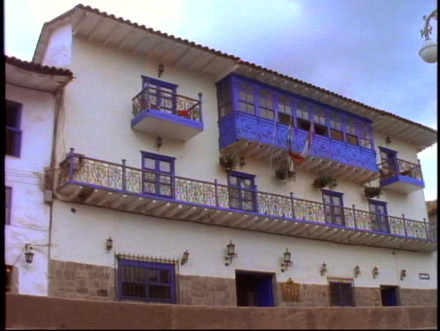 PERU, 1998, Cusco, Peru, The Andes, colonial building with blue painted balcony