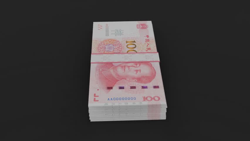yuan bundle pack money roll cash stack pile spin on black backgrounds