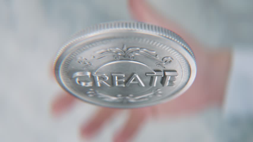 A hand flips a coin marked Create and Consume, spinning toward the camera in slow motion
