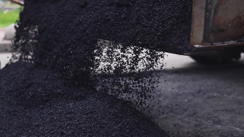 Roadworks, process of asphalting, blacktopping and paving new road layer, laying new asphalt road pavement, paver machine and steam roller compactor, city street construction site, vehicle working
