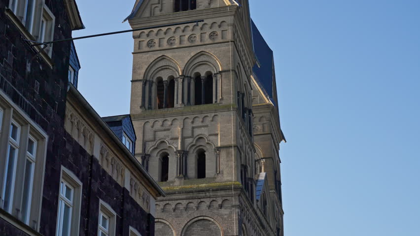 Medieval European Cathedral Church Bell Towers with Parallax Tracking Movement, Andernach, Germany