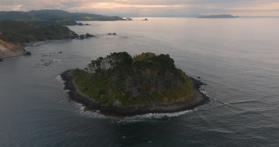 Tranquil coastal scene. Motuekaiti Island with lush vegetation, dramatic cliffs, and gentle waves. Aerial view. Kaeo, Northland, NZ