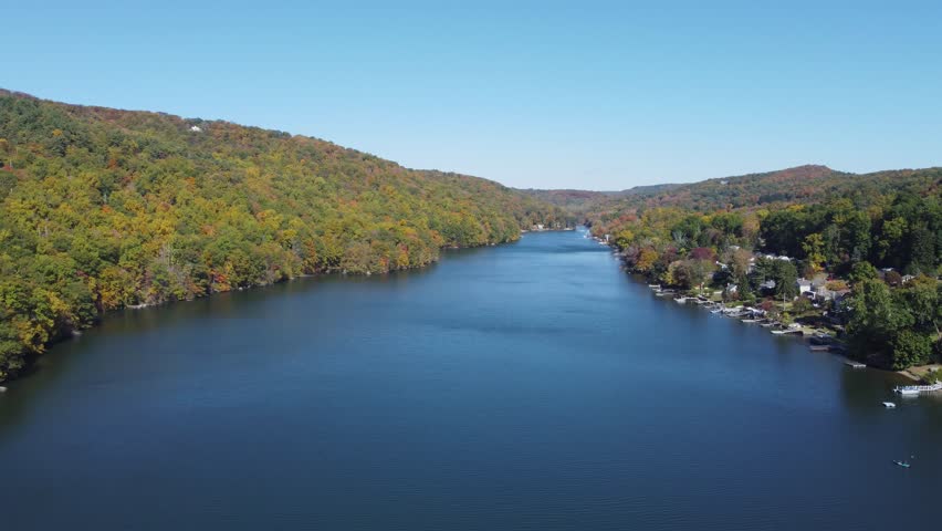 Candlewood Lake view, drone shot, mountains view, beautiful nature landscape 