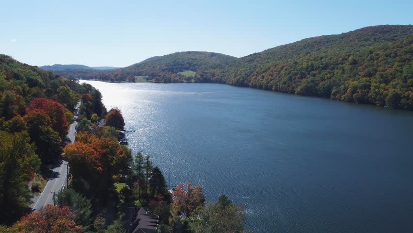 Candlewood Lake view, drone shot, mountains view, beautiful nature landscape 