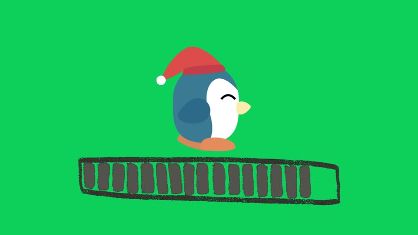 Adorable Christmas penguin walks across a progress bar. Perfect for holiday-themed websites, apps, or videos. Green screen background for easy compositing.