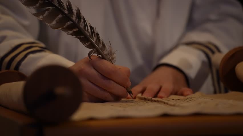 Writing on Papyrus Parchment with Quill and Ink, Ancient Scribe Recording Biblical History Scrolls