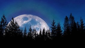A breathtaking landscape showcasing a large, luminous moon against a deep blue twilight sky, silhouetted by a dense forest of evergreen trees. - Powered by Shutterstock - Get 15% off with code: PIKWIZARD15