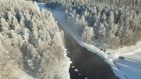 Drone rotating over a river in middle of snow covered trees, winter in Lapland - Powered by Shutterstock - Get 15% off with code: PIKWIZARD15