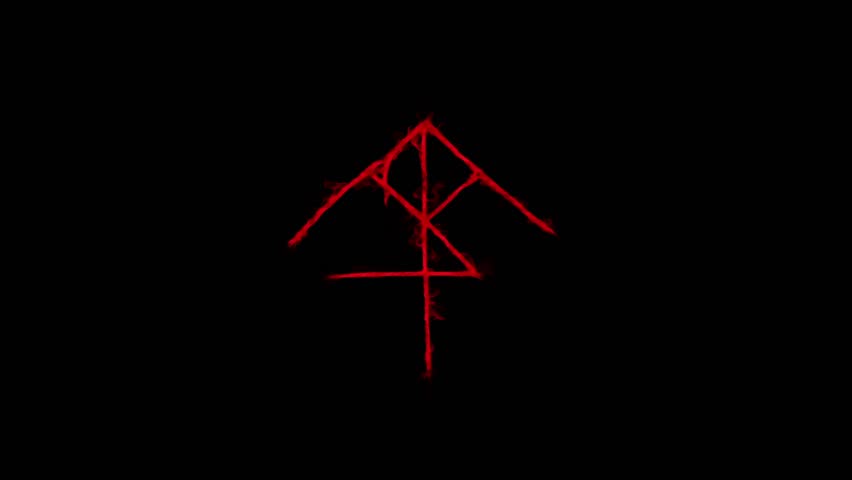 Glowing red abstract symbol resembling ancient runes, centered on a solid black background, creating an eerie, mysterious atmosphere