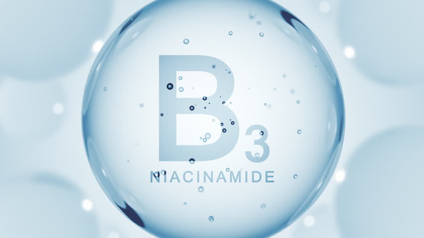 Vitamin B3 niacinamide. Niacin drop pill capsule. B 3 Nicotinamide bubble abstract 3D background
