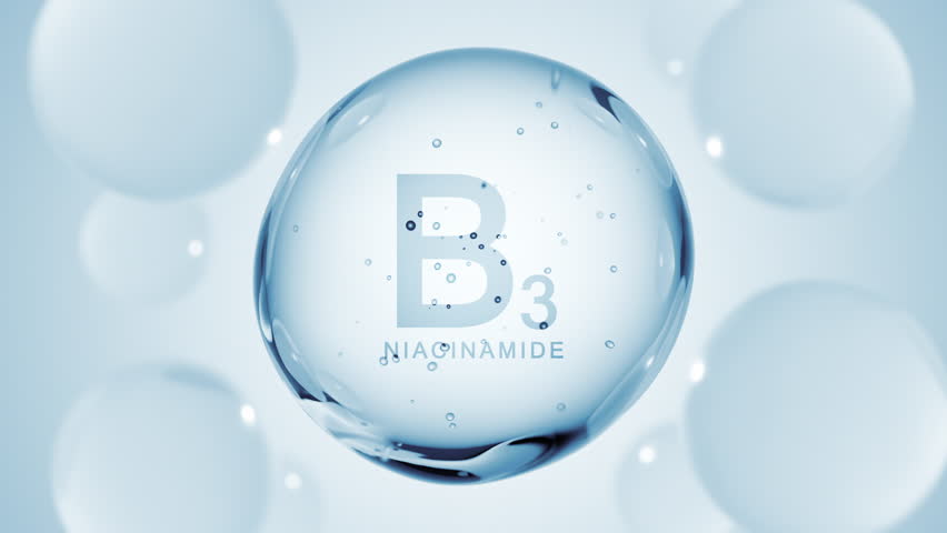 Vitamin B3 niacinamide. Niacin drop pill capsule. B 3 Nicotinamide bubble abstract 3D background