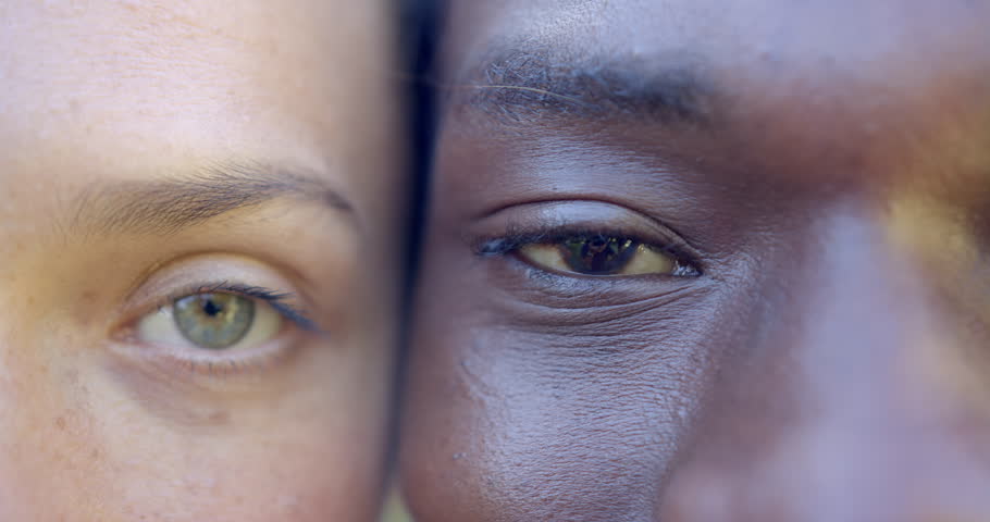 Close-up of couple eyes, showcasing connection and diversity. Love, intimacy, unity, closeup, relationship, affection