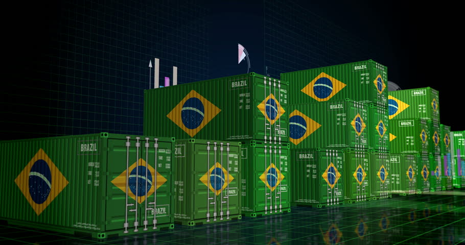 Brazil export production and import containers cargo with business diagrams and charts concept. Brazilian flag industrial shipping box 3d.