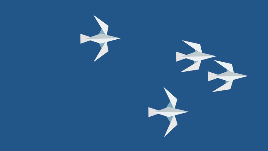 Four white origami birds are flying together in formation on a blue sky background, with minimalist design. Isolated animated video in geometric shape - Powered by Shutterstock - Get 15% off with code: PIKWIZARD15